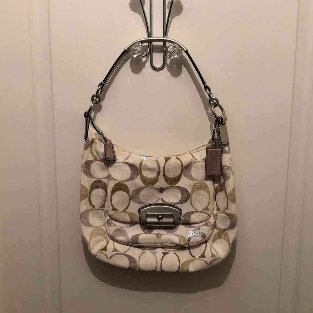 Coach Signature unique Beige, Brown and Silver sequins and strap Shoulder Bag